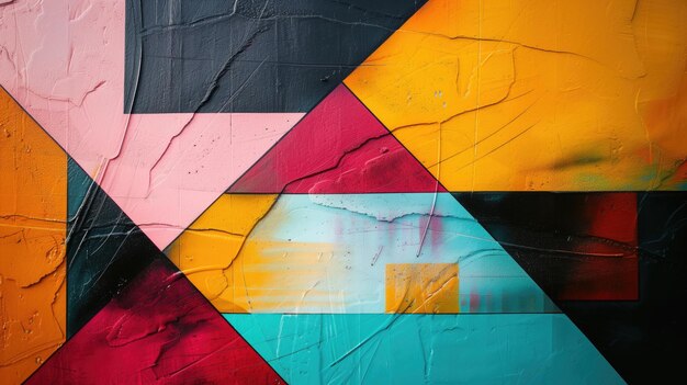Pintura geométrica colorida em parede texturizada