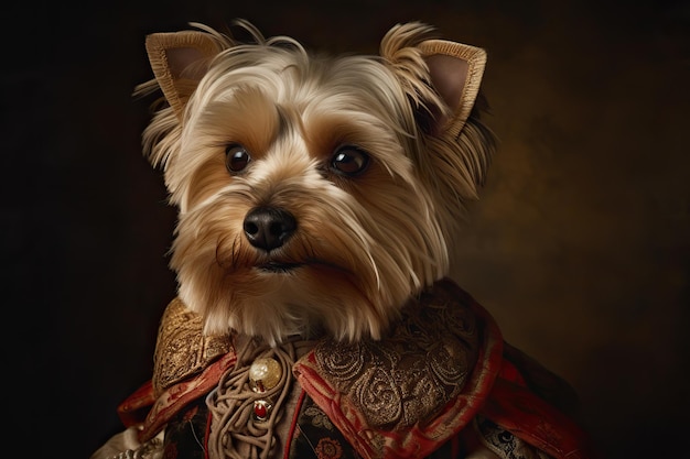 Pintura gerada por IA de um Yorkshire terrier em roupas renascentistas