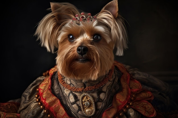 Pintura gerada por IA de um Yorkshire terrier em roupas renascentistas