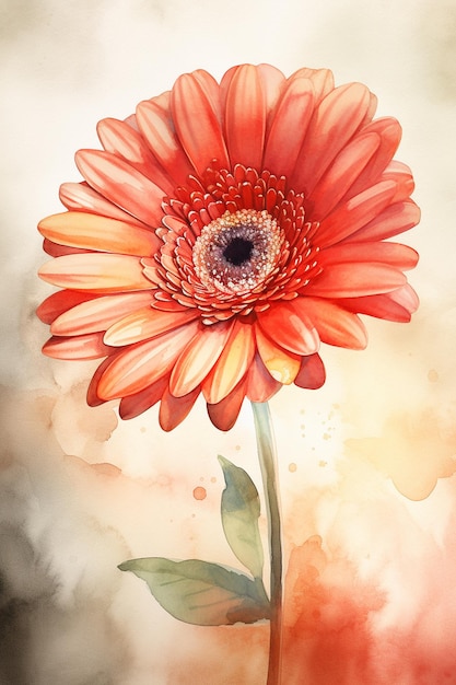 Una pintura de una gerbera con un tallo verde.