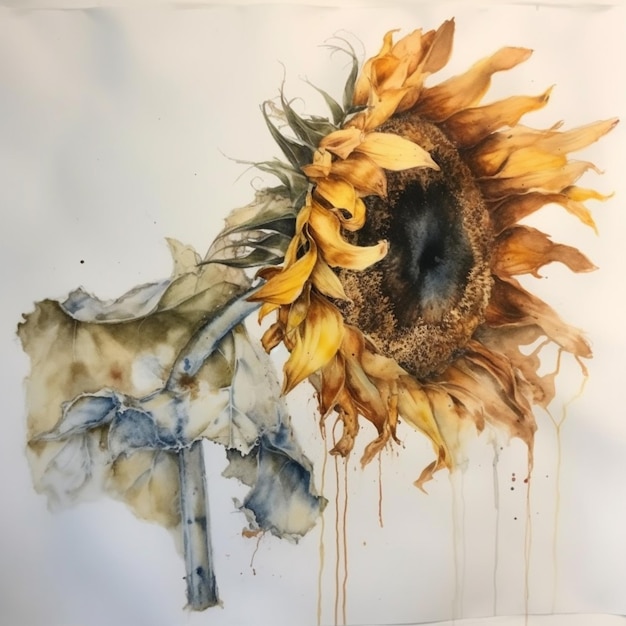 Una pintura de un girasol con una flor amarilla.