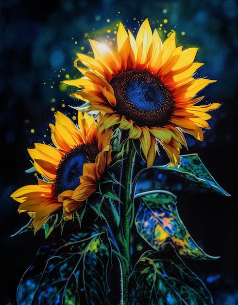 Una pintura de un girasol con un fondo azul y la palabra sol.