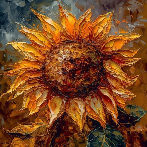 Una pintura de un girasol con hojas.