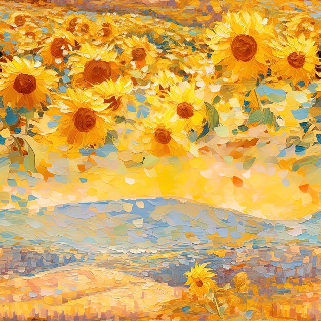 Foto una pintura de girasoles en un campo con un fondo de cielo