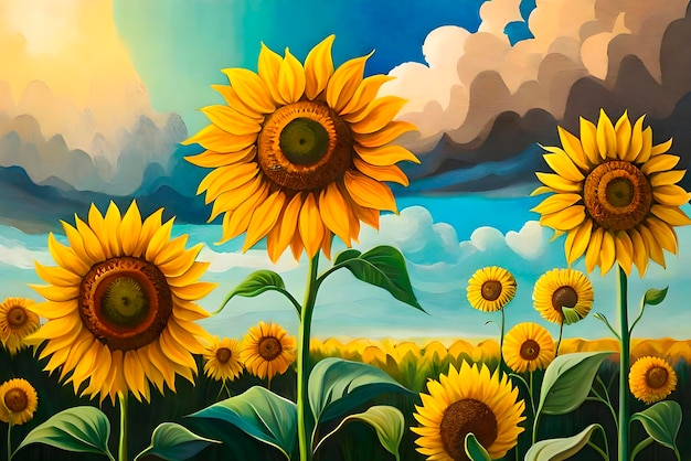 Una pintura de girasoles en un campo con nubes al fondo.