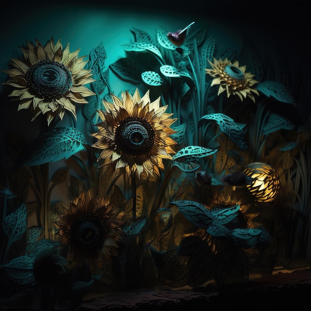 Una pintura de girasoles está en un cuarto oscuro.