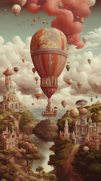 Una pintura de un globo aerostático en un mundo de fantasía.