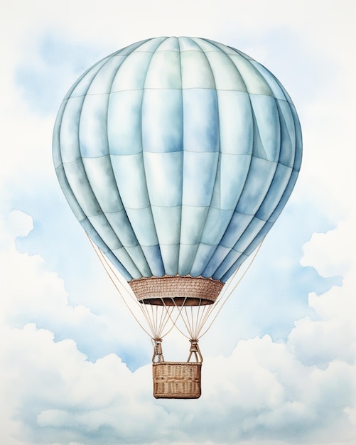 pintura de un globo de aire caliente azul con una canasta en el cielo generativa ai