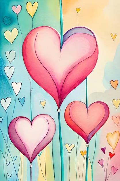 Una pintura de un globo en forma de corazón con muchos corazones.