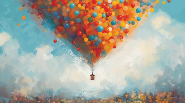 Una pintura de un globo con las palabras "arriba en el cielo".