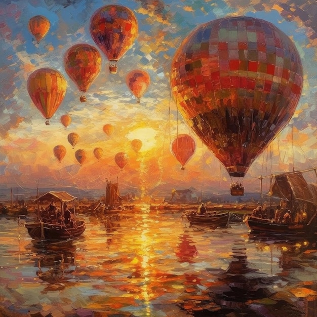 Una pintura de globos aerostáticos al atardecer en el agua.