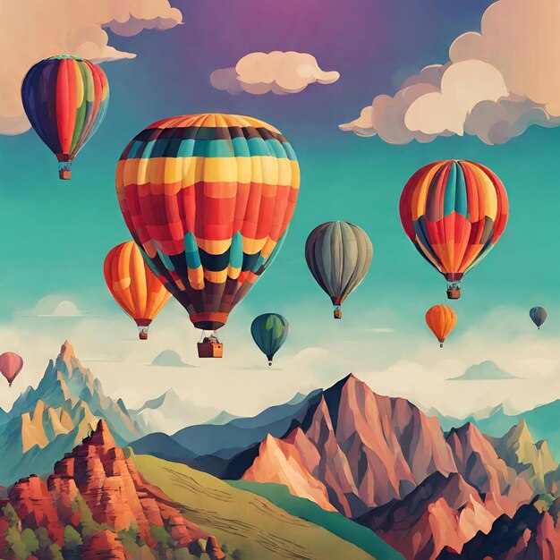 Foto una pintura de globos de aire caliente con montañas en el fondo