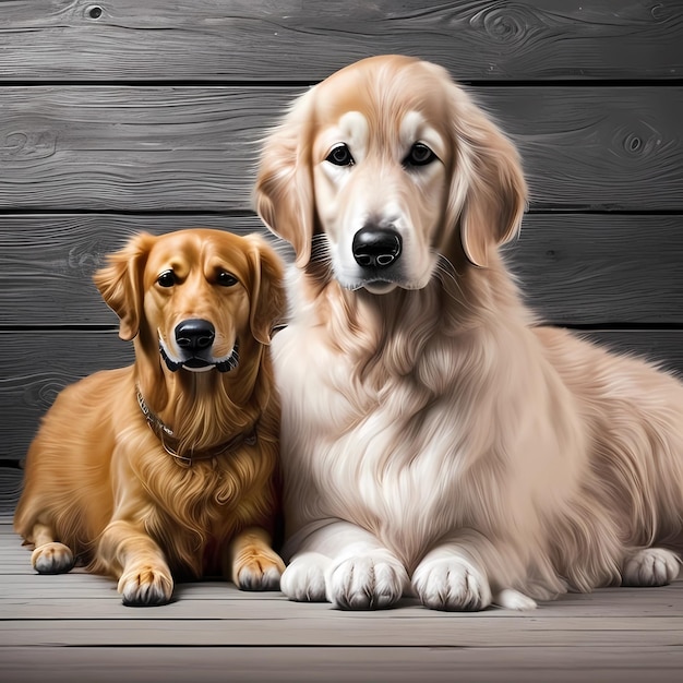 Una pintura de un golden retriever y un perro.