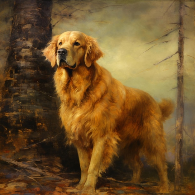 Pintura de un golden retriever de pie en un área boscosa