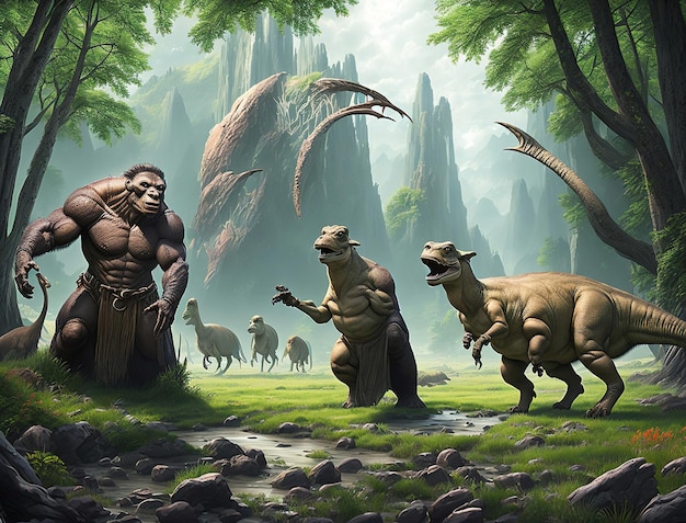 Una pintura de un gorila con un grupo de dinosaurios al fondo.