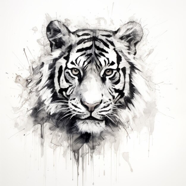 Pintura gótica en acuarela de cabeza de tigre negra y blanca