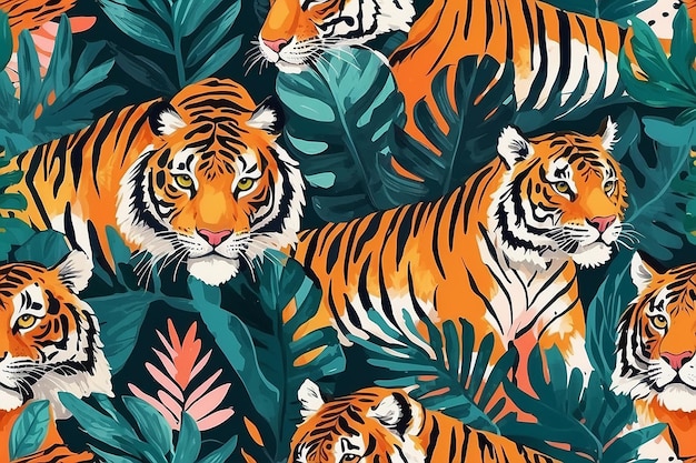 Pintura de gouache sin costura abstracta manchas de animales tropicales pinceladas exóticas líneas de tigre