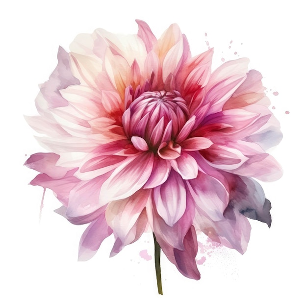 Pintura gouache de una hermosa Dalia rosa, fondo blanco, medios tonos floridos, papel tapiz estético generat ai