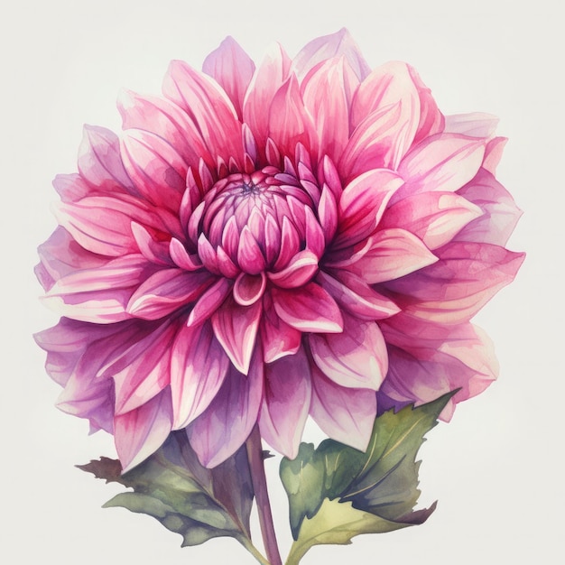 Pintura gouache de una hermosa Dalia rosa, fondo blanco, medios tonos floridos, papel tapiz estético generat ai