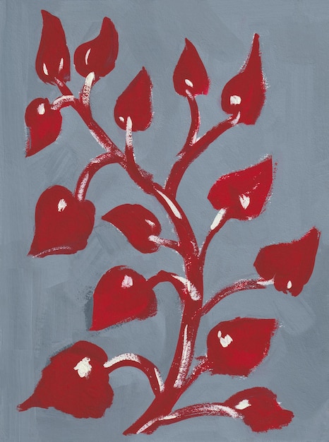 Pintura gouache de hojas rojas. Rama abstracta de color burdeos brillante con corazones sobre un fondo gris.