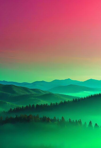 una pintura de gradiente de una cordillera con árboles en el fondo