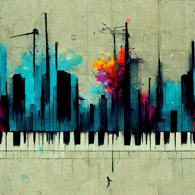 pintura de graffiti de una ciudad con un teclado de piano y un árbol colorido generativo ai