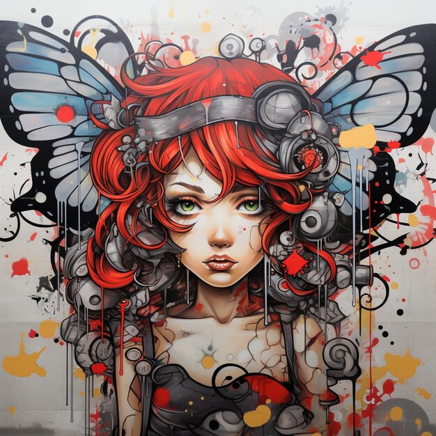 pintura de graffiti de una mujer con un tocado de mariposa y un cabello rojo