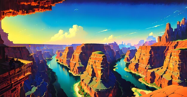 Una pintura de un gran cañón con un cielo azul y nubes.