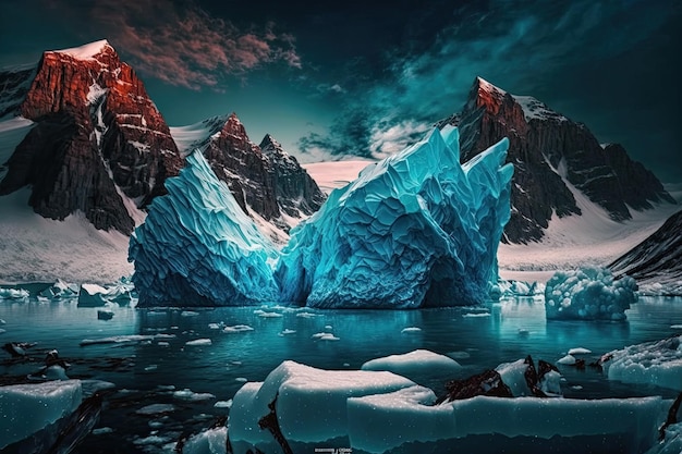 Una pintura de un gran iceberg con la palabra hielo.