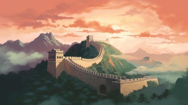 pintura de una gran muralla china con una montaña al fondo ai generativo