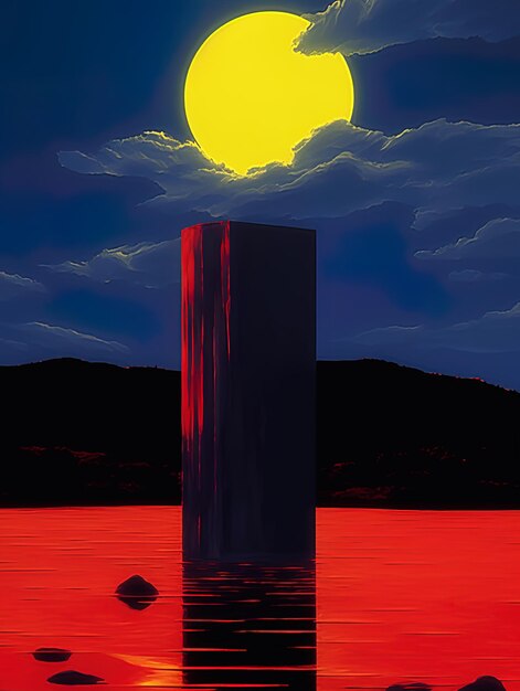 Foto una pintura de un gran objeto rojo con una luna amarilla en el fondo