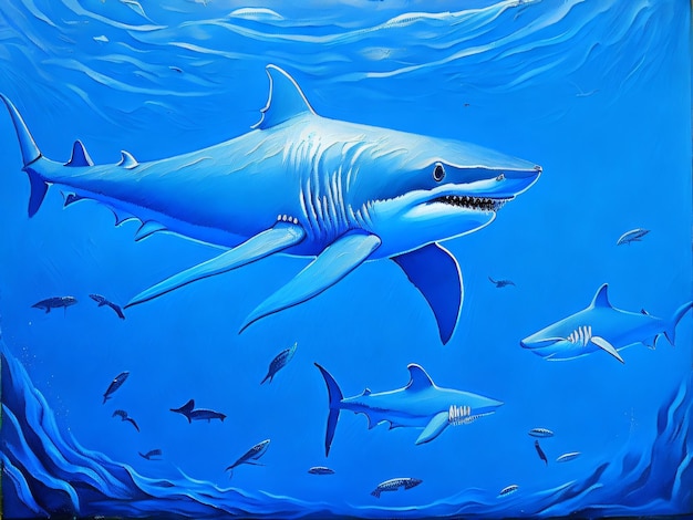 Una pintura de un gran tiburón blanco con un fondo azul.