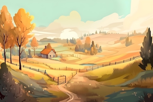 Una pintura de una granja con una casa en la distancia.