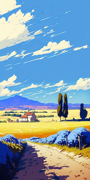 Una pintura de una granja con un cielo azul y árboles al fondo.