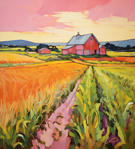 pintura de una granja con un granero rojo y un camino a través de él generativo ai