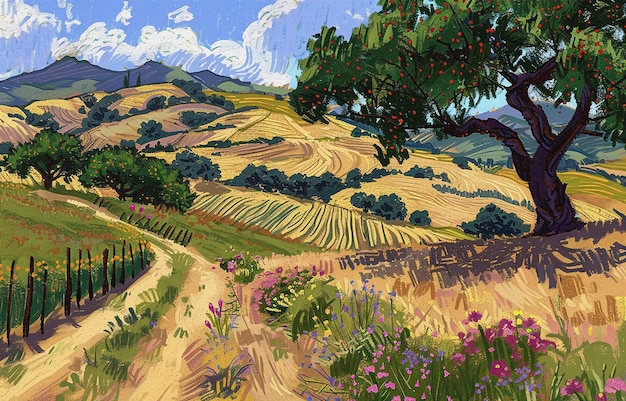 una pintura de una granja con un letrero que dice "melrose" en ella