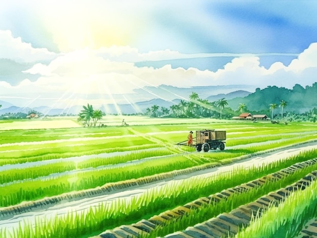 Una pintura de una granja con un tractor arando el campo.
