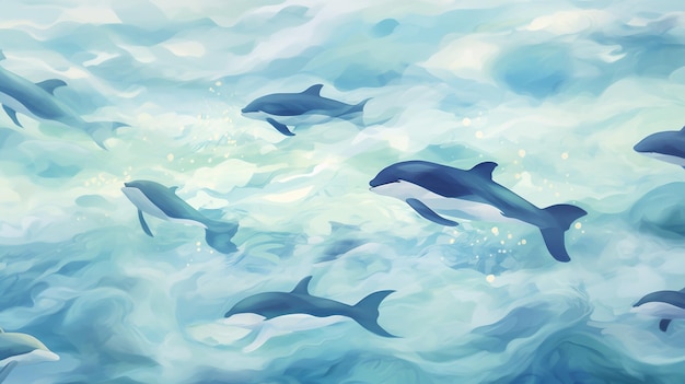 pintura de un grupo de delfines nadando en el océano generativo ai