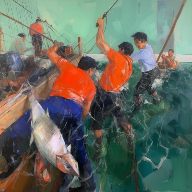 Pintura de un grupo de hombres en un barco con un pez generativo ai