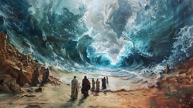 una pintura de un grupo de hombres de pie en la playa