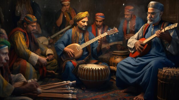 Una pintura de un grupo de hombres tocando instrumentos.