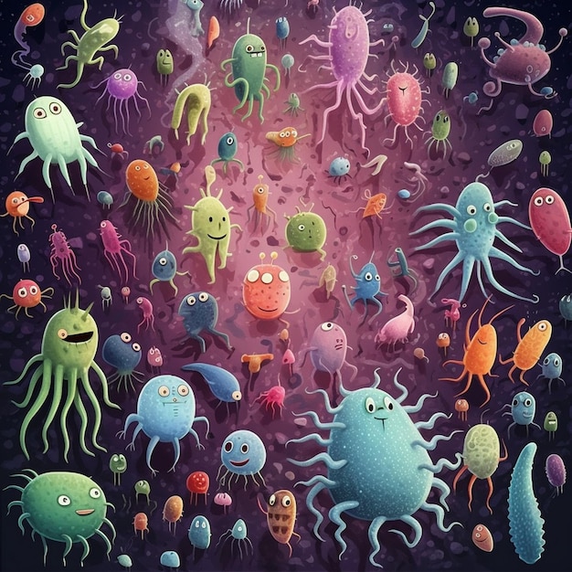 una pintura de un grupo de medusas con un fondo púrpura.