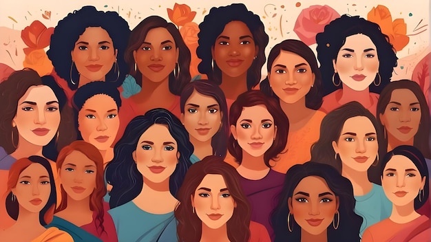 una pintura de un grupo de mujeres con flores en el fondo