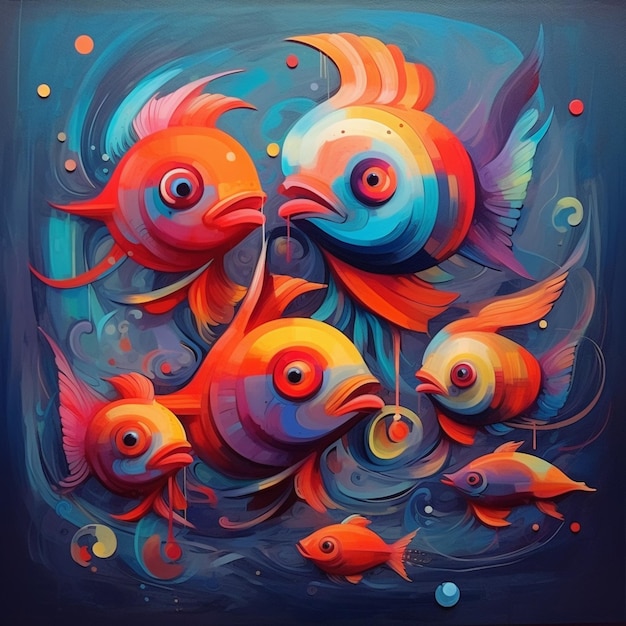 pintura de un grupo de peces nadando en un océano azul generativo ai