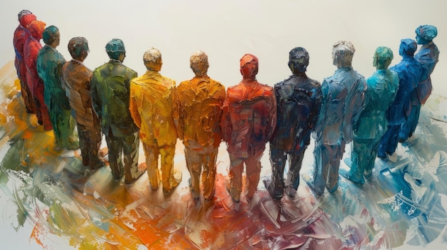 Una pintura de un grupo de personas en un arco iris de colores La pintura se titula The Rainbow Linequ