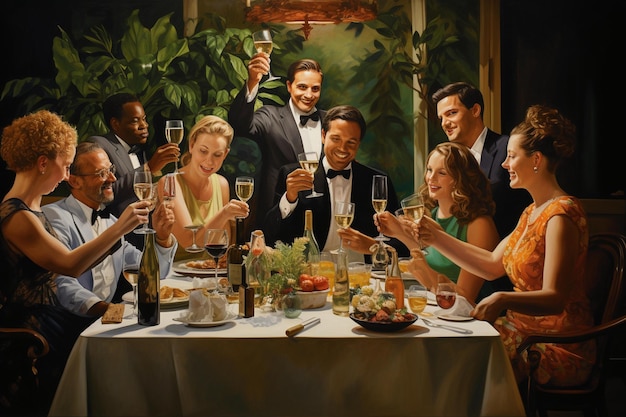 Una pintura de un grupo de personas comiendo con copas de champán.