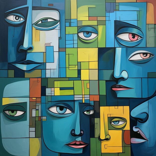 pintura de un grupo de personas con diferentes rostros en un patrón cuadrado generativo ai