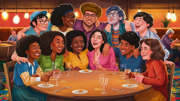 una pintura de un grupo de personas en una mesa con una mujer abrazándola