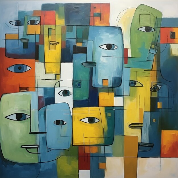 pintura de un grupo de personas con rostros de diferentes colores