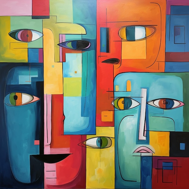 pintura de un grupo de personas con rostros de diferentes colores
